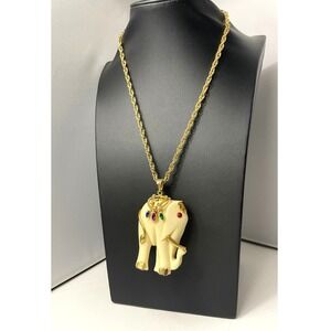 Vintage Elephant Pendant Necklace Rhinestone Gold Tone Chain 18"